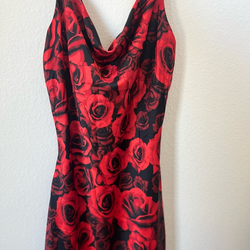 Elegant Red Rose Print Dress
